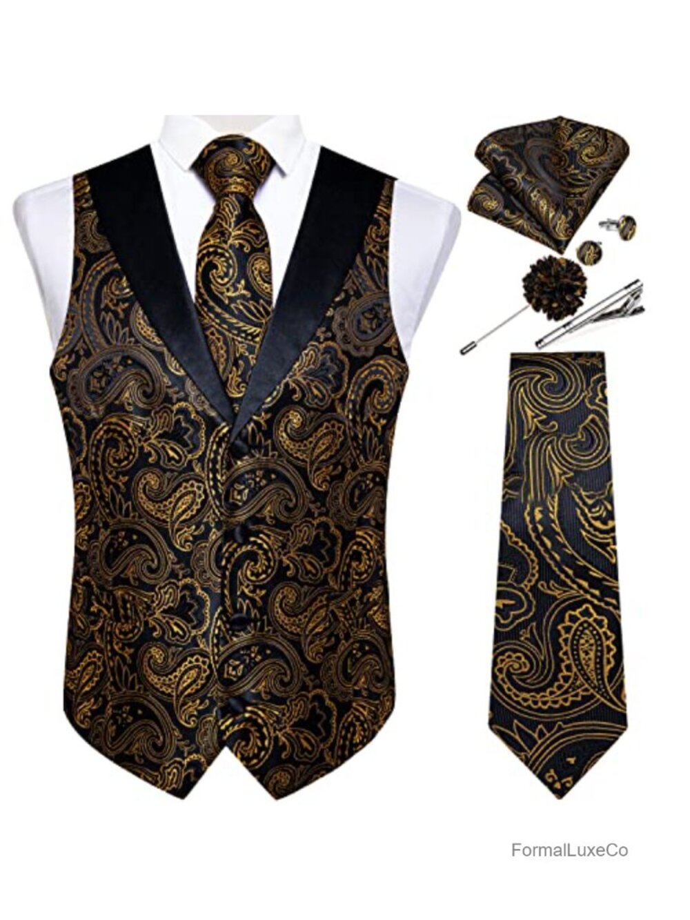 Mens Paisley Suit Vest Necktie Set Silk Jacquard Waistcoat Formal Wedding Party